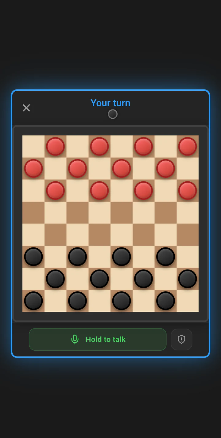 A Checkers board on Play Lounge with pieces mid-game and push-to-talk voice enabled