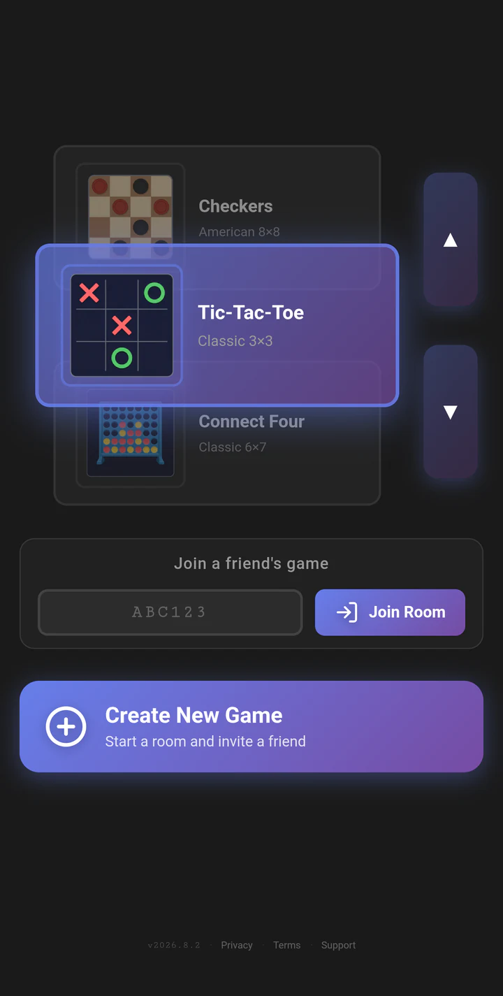 The Play Lounge home screen on a phone, showing the game picker with Checkers, Tic-Tac-Toe and Connect Four, a room-code field and a Create New Game button