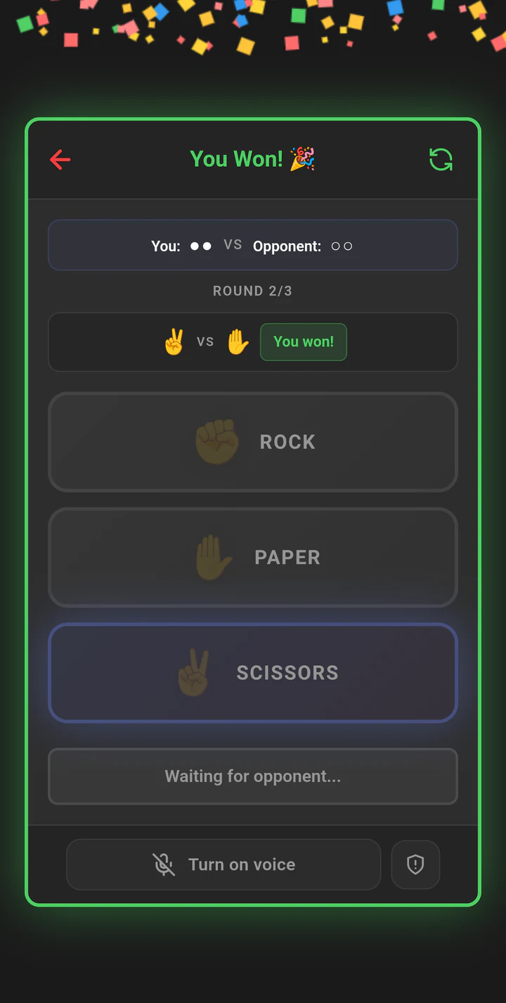 A Rock Paper Scissors round result on Play Lounge showing the round winner