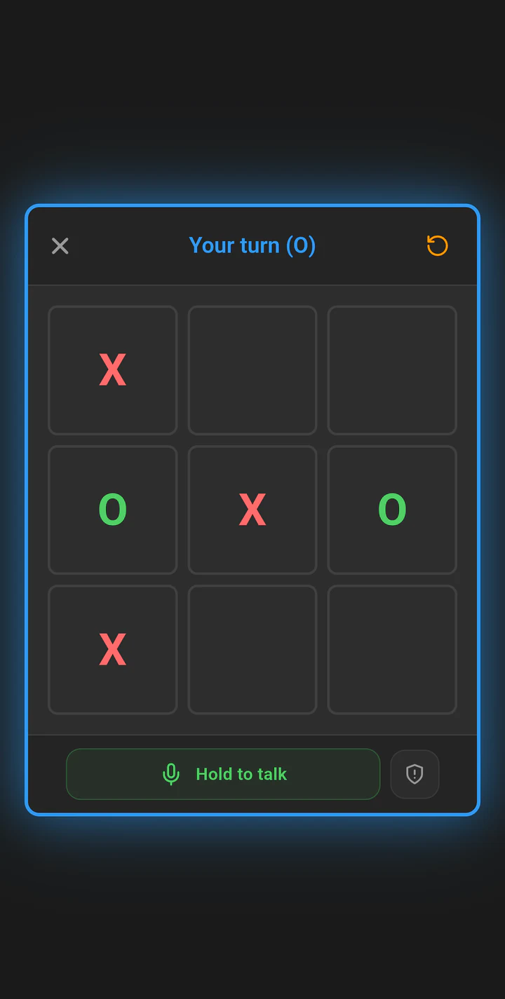 A Tic-Tac-Toe match in progress on Play Lounge, with the opponent’s turn indicated