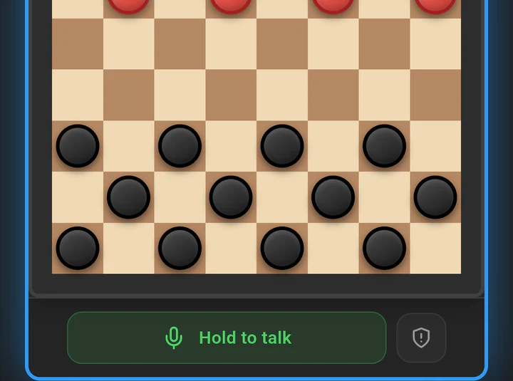 The push-to-talk voice control on a Play Lounge Checkers match, alongside the safety controls