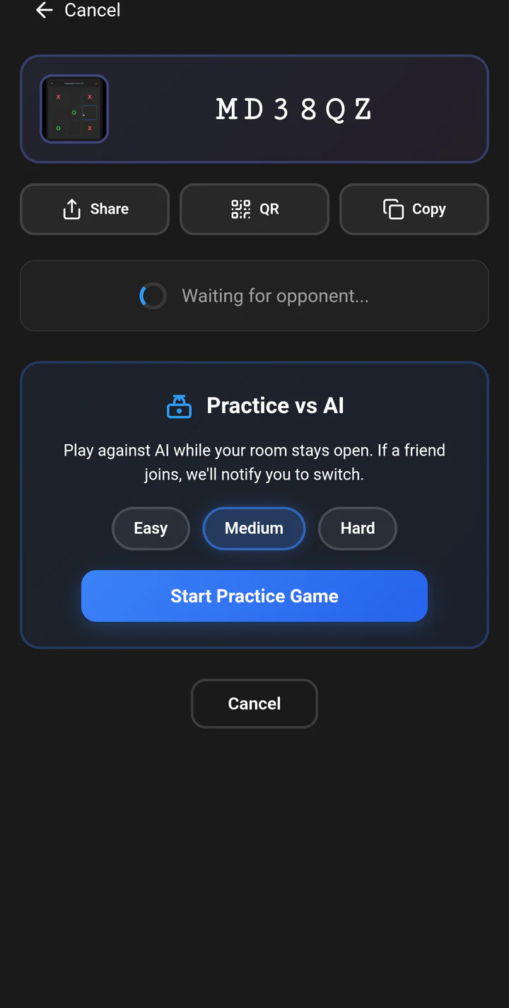 The Play Lounge waiting room showing a shareable room code and a practice-versus-AI option